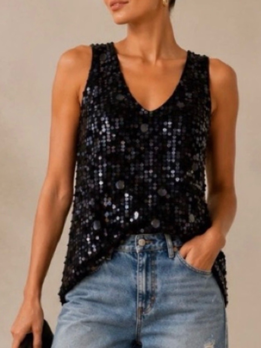 Moulinette Souers Anthropologie Black Sequin Tank Top Size 8